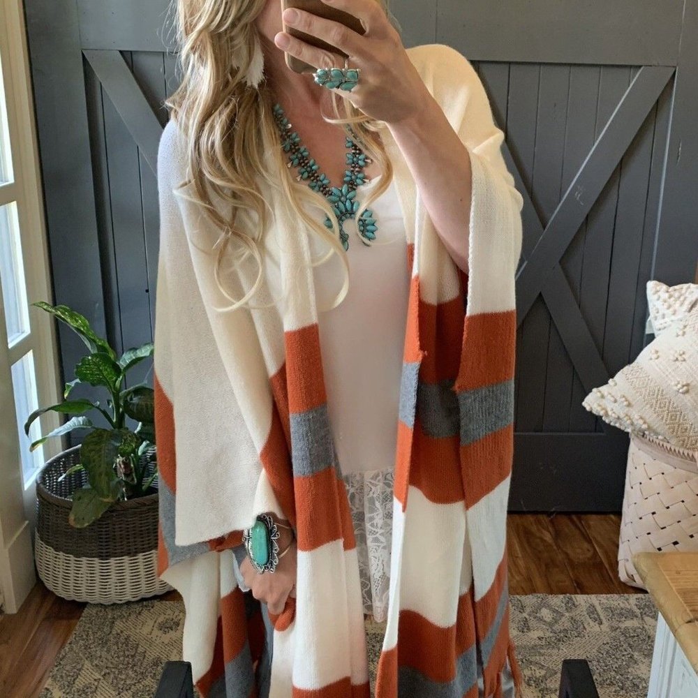 New Western Stripe Fringe Poncho Blanket Cardigan Sweater - Picture 4 of 9